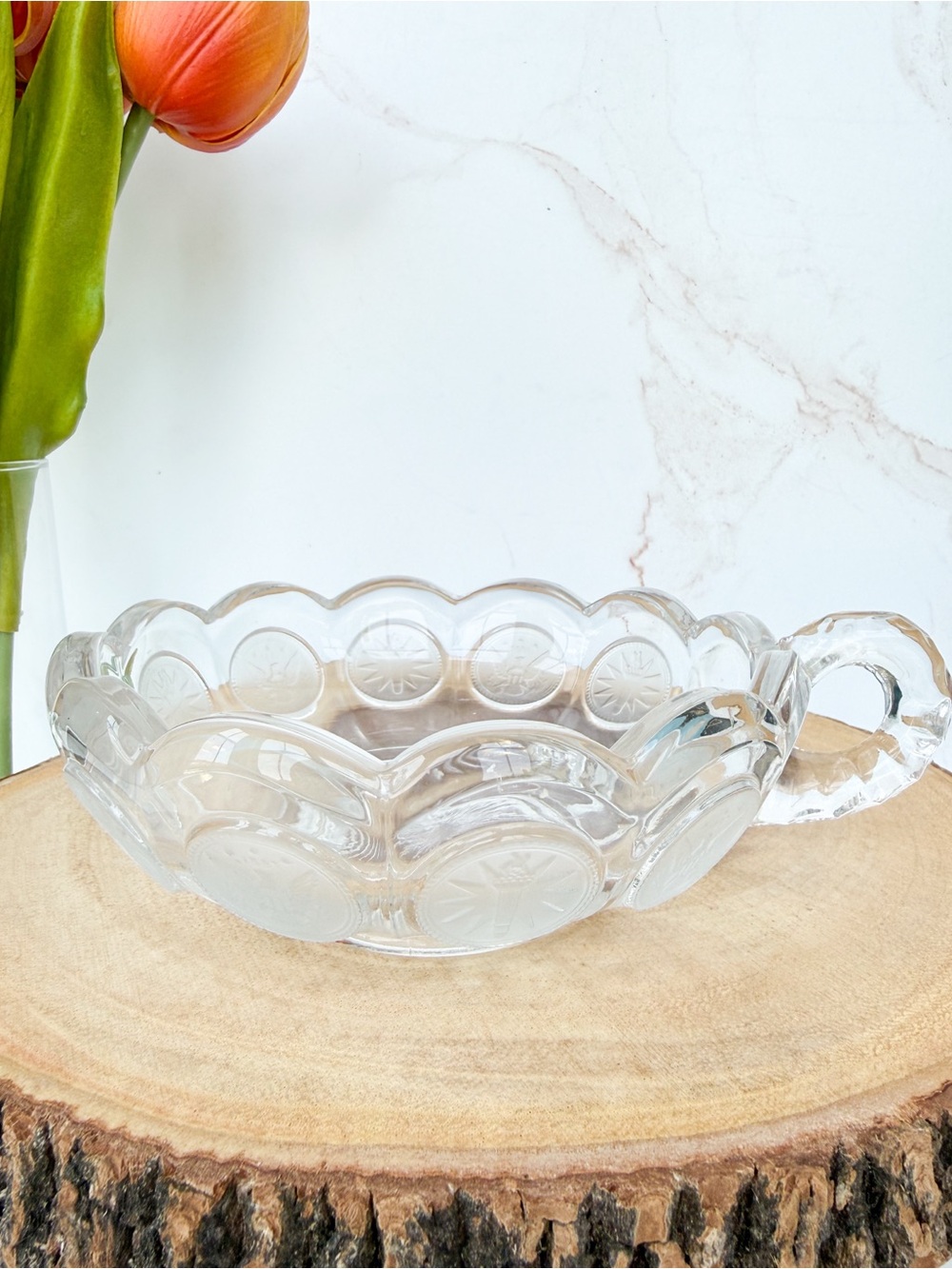 Vintage Fostoria Coin & Eagle Clear Pressed Glass Finger Loop Nappy Bowl
